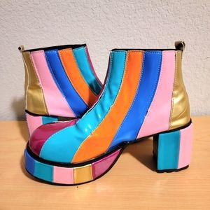 Platform chunky ankle stripe bright disco pink blue boots colorful retro
